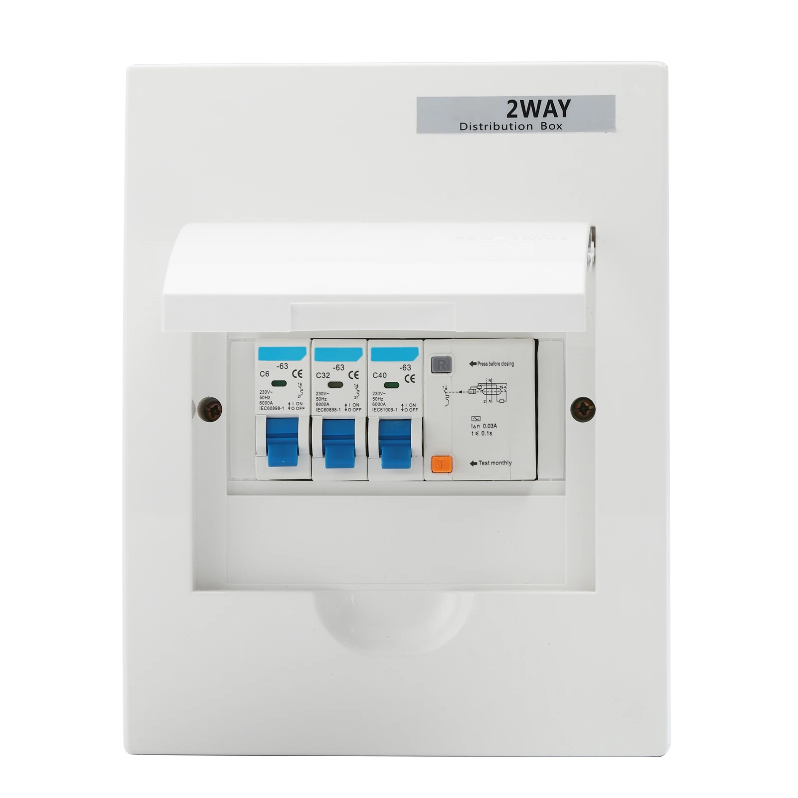 

2Way Circuit Breaker English‑Style Waterproof Plastic Distribution Protection Box 40A 30mA RCD + 2MCB（6A+32A) Circuit
