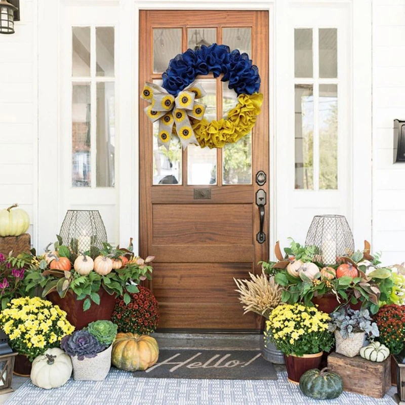 

Ukraine Flag Ruffled Front Door Wreath with Sunflower Print Bowknot Spring Summer Rustic Farmhouse Garland Home Porch Wall Party
