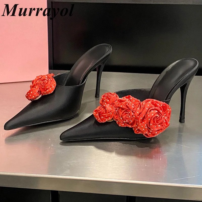 Новые атласные тапочки на тонком высоком каблуке с острым носком женские