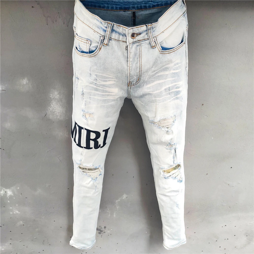 Fashion Designer Hole Slim Fit Jeans Trendy Letter Brand Ripped Jeans Men Stretch Washed Hip Hop Dance Party Jeans Pants Men