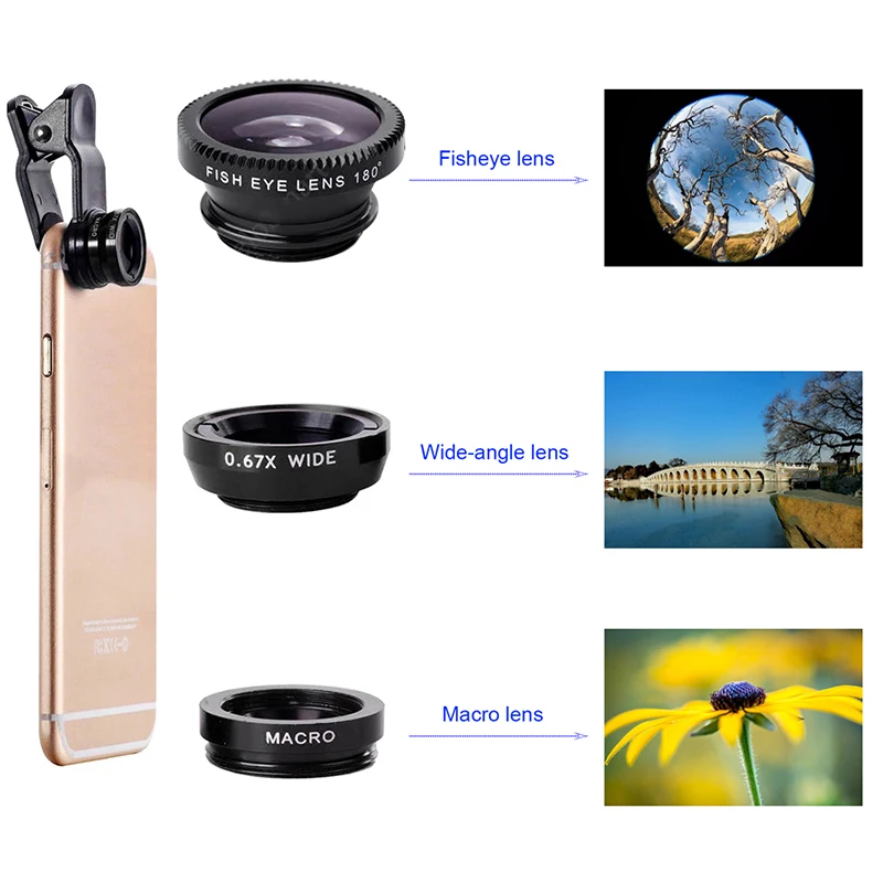 

Fisheye Lens 3 in 1 Camera Mobile Phone External Lens 0.67x Wide Angle Zoom Macro Fish Eye Camera Lens for Smartphone