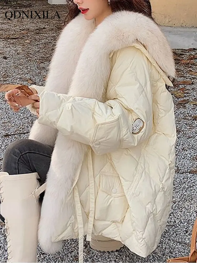 Down Jacket Women White Duck Down Large Fur Collar Detachable and Thickened Women's Winter Jacket New Korean Fashion Down Coat