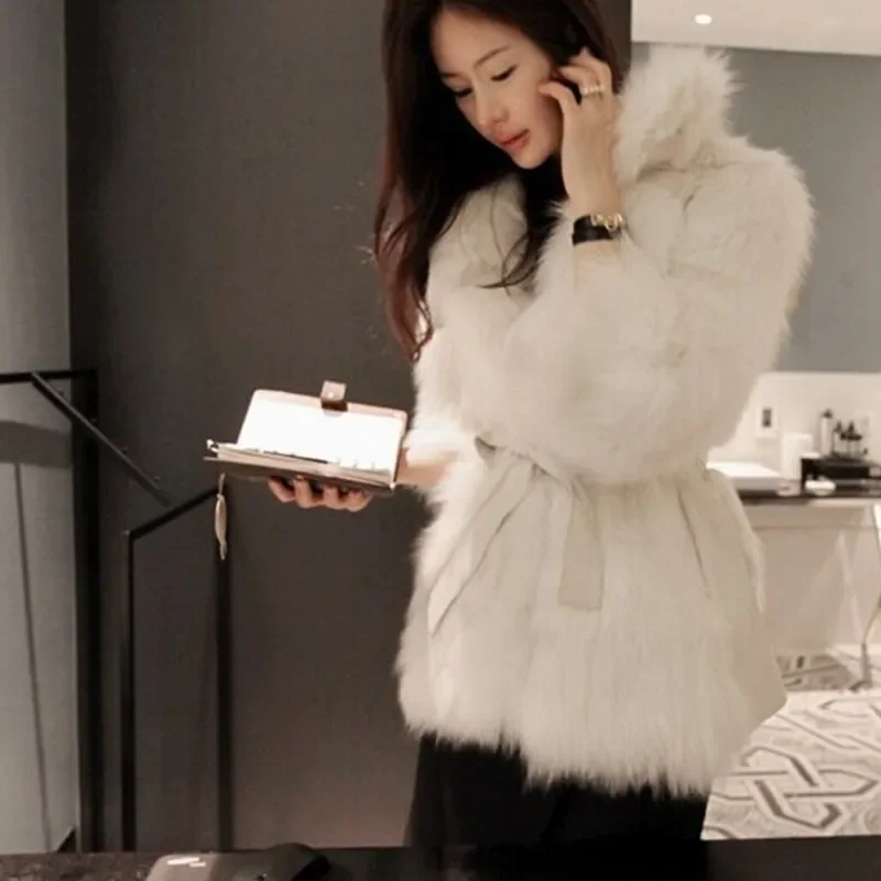 

Популярное корейское меховое пальто Puls размера с V-образным вырезом, модная женская теплая куртка, воротник из искусственного лисьего меха, женская верхняя одежда, зимняя одежда