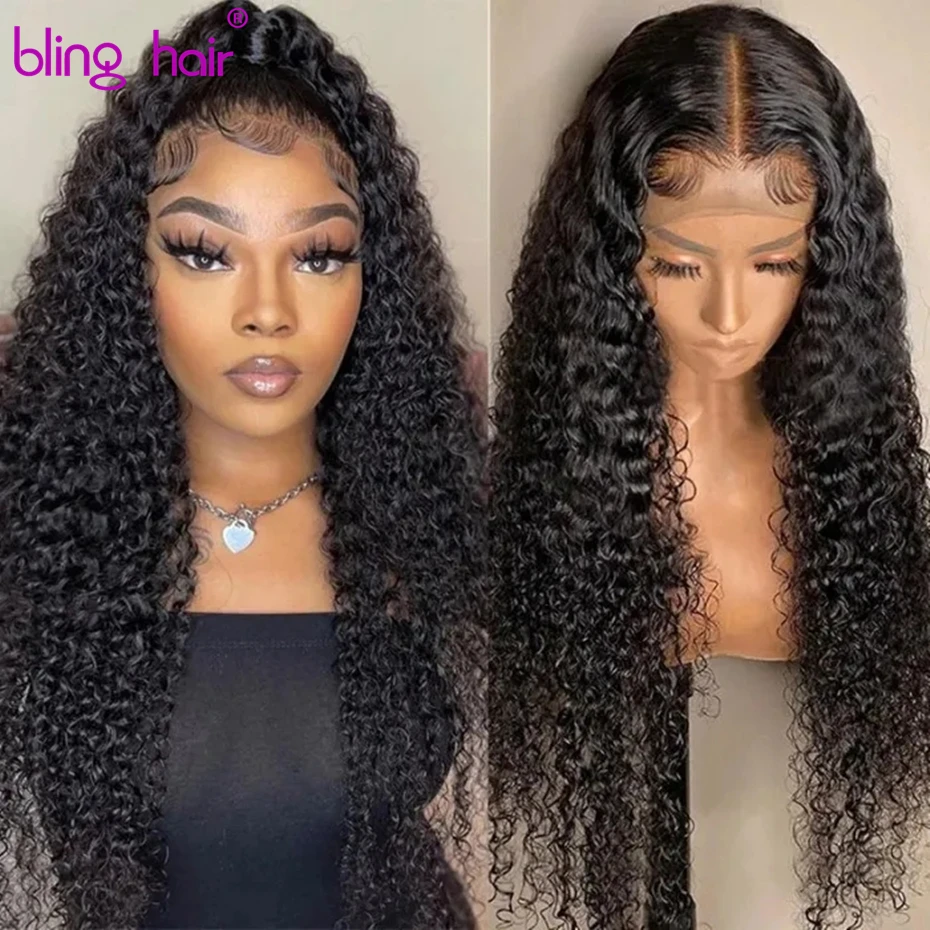 

Bling Hair Kinky Curly 13X4 Lace Front Wig Natural Black Long Curly With Baby Hair Remy Human Hair 150% Density For Black Women