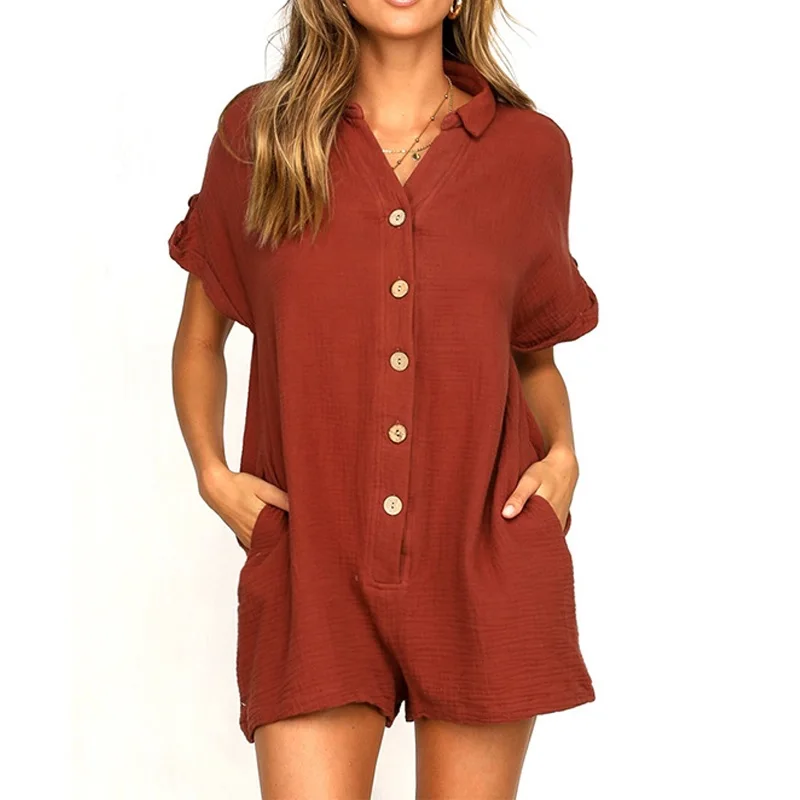 Women Casual Button Up Pockets Rompers 2023 Loose Wide Leg Sexy Jumpsuit Solid Shorts Summer Short Sleeve Linen Casual Playsuit