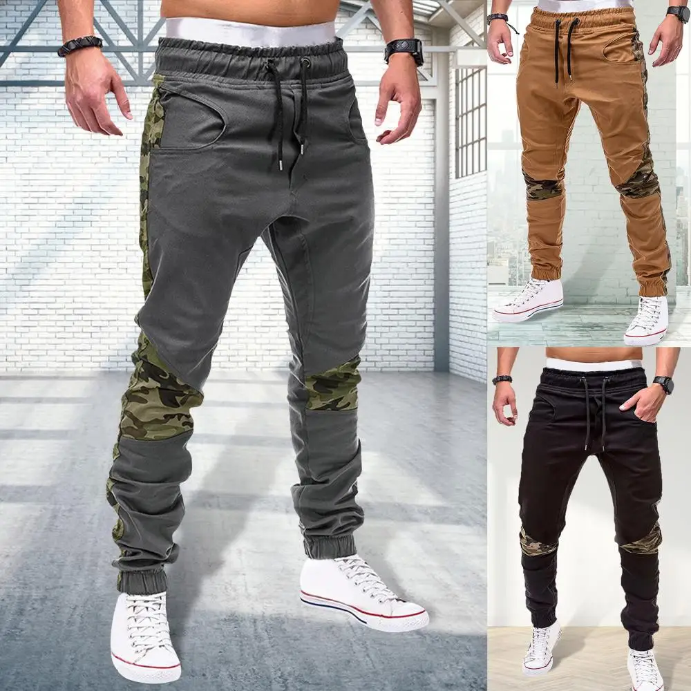 

Men Camouflage Patchwork Skinny Pants Drawstring Ankle Tied Sports Trousers