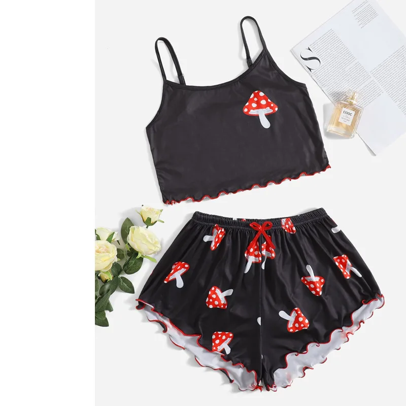 New Print Pajamas Sets Women Lace Sexy Satin Cotton Pyjamas Sleepwear Floral Print V Neck Sleeveless Lingerie Nightwear Homewear