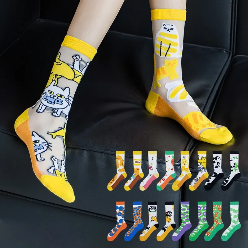 Summer crystal stockings women's ultra-thin personality jacquard asymmetric AB mid-tube girl glass