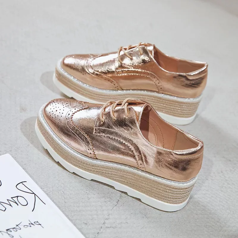 Patent Leather Women Platform Oxfords Brogue Flats Shoes Lace Up Square Toe Brand Female Footwear Shoe For Women Creepers Silver