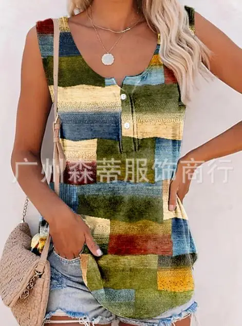 

Fashion Woman Blouse 2023 Summer New Casual Daily Loose Sleeveless Geometric Print V-Neck T-Shirt Basic Versatile Y2K Clothing