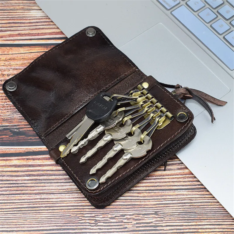 Simple vintage organizer genuine leather men women key case fashion natural first layer cowhide car driving license coin purse