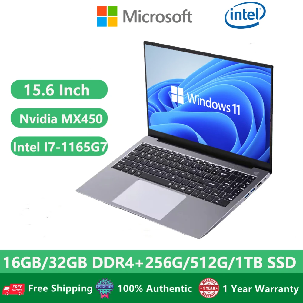 2023 Gaming Metal Laptops Geforce Mx450 Graphics Card Office Notebooks 11th Gen Intel Core I7-1165G7 32GB RAM +1TB M.2 SSD WiFi