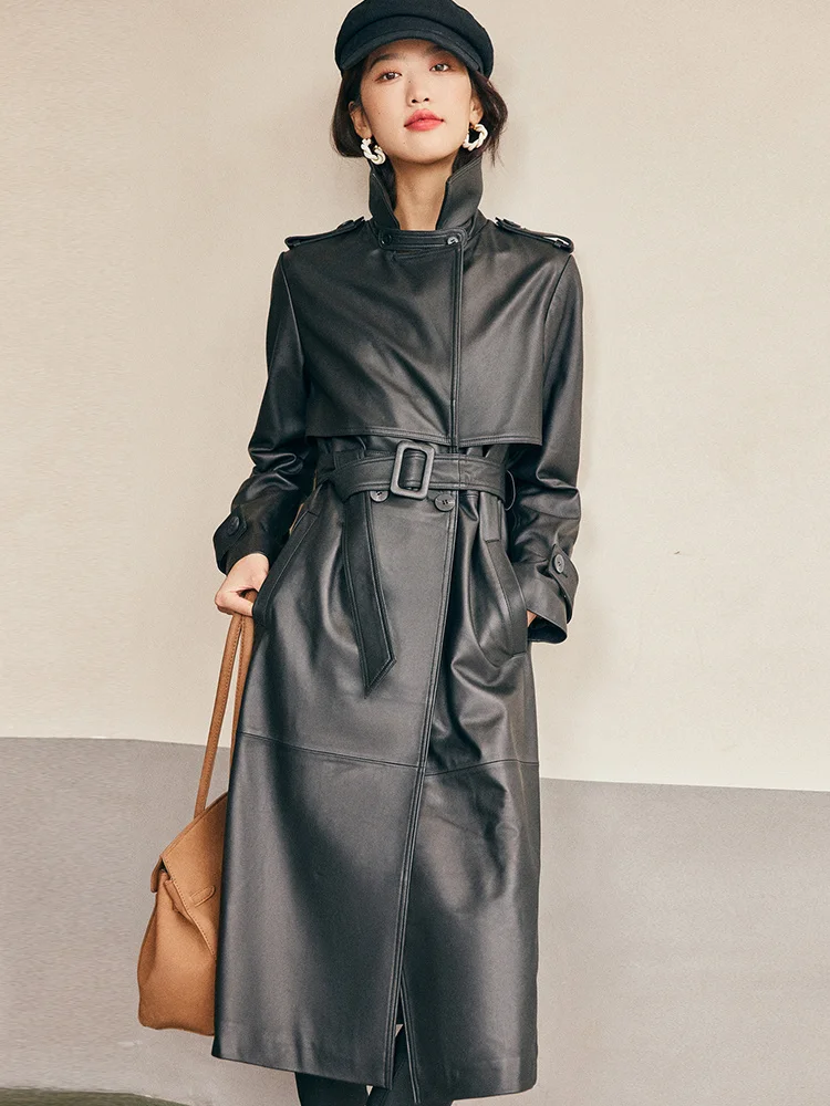 

Роскошные винтажные двубортные куртки X-long из овечьей кожи с поясом, мягкие черные женские Куртки из натуральной кожи