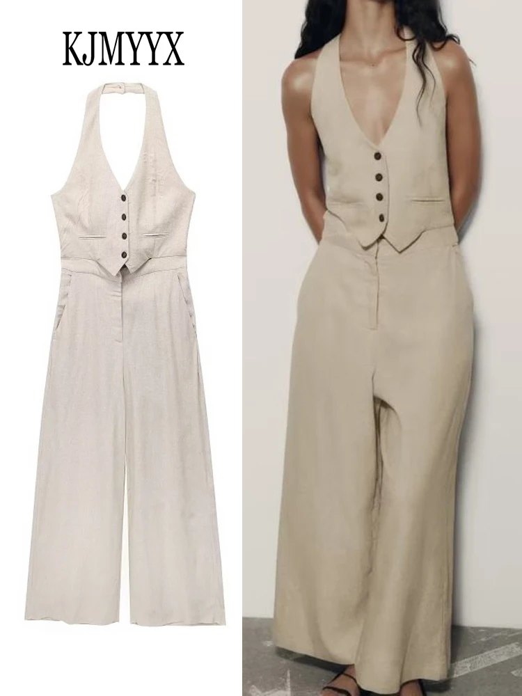 

Льняной элегантный длинный комбинезон KJMYYX для женщин, Новинка лета 2023, модные стильные комбинезоны с подвесным воротником, Женские винтажные широкие брюки