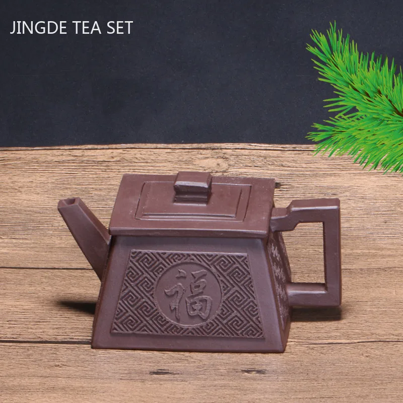 

Square Purple Clay Tea Kettle Yixing Handmade Filter Teapot Raw Ore Purple Mud Tea Maker Tradition Tea Set Supplies Drinkware