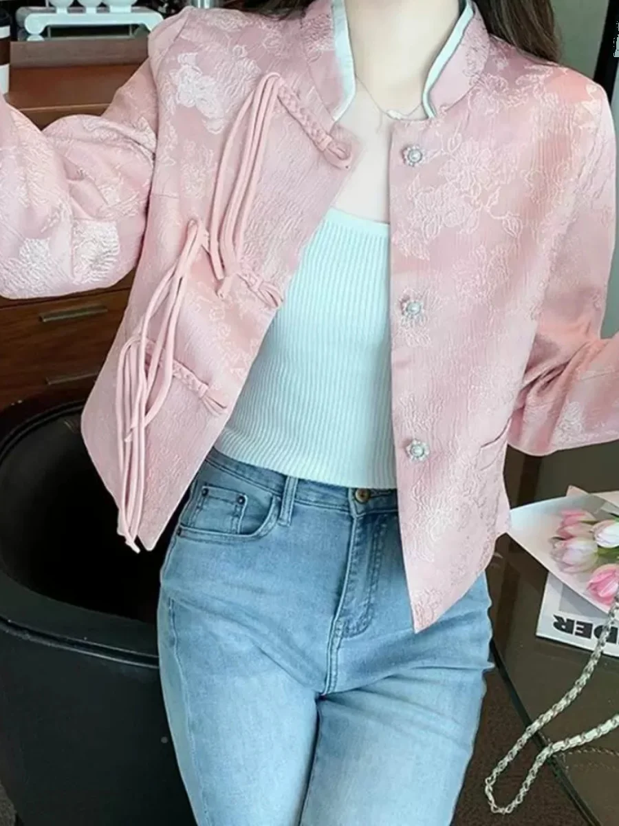 Pink Chinese Sle Graceful Outerwear Spring and Autumn European Goods Women clothes High Sense Wear Small Buckle Top