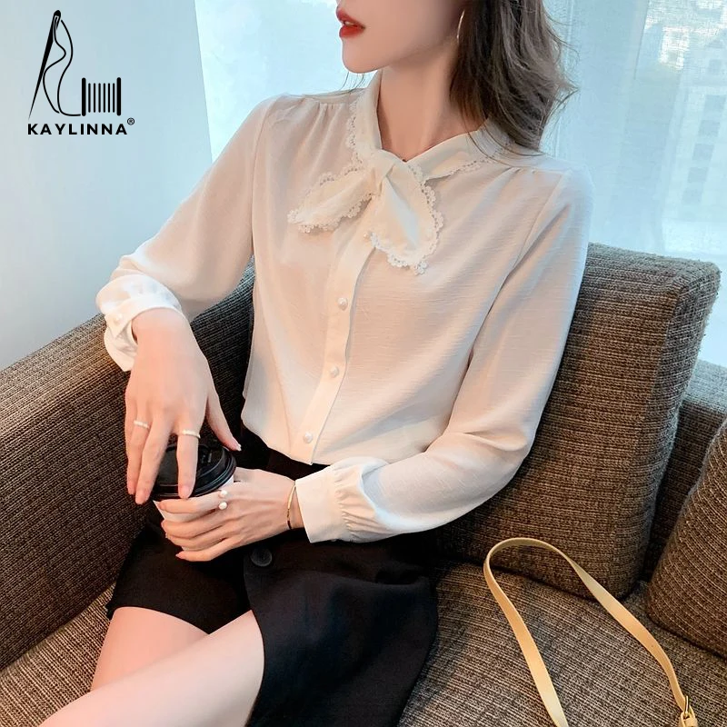 KAYLINNA Autumn Korean Office Lady Loose Clothes Lace Up Ruffled Women Blouses Fashion Ladies Tops Vintage Bow Shirts Women
