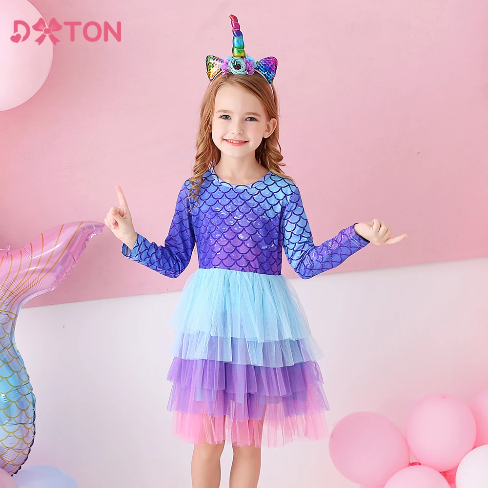 DXTON Autumn Long Sleevel Kids Dresses Mermaid Print Princess Tutu Dress Layer Mesh Tulle Vacation Outside Girls Clothing 3-8Ys