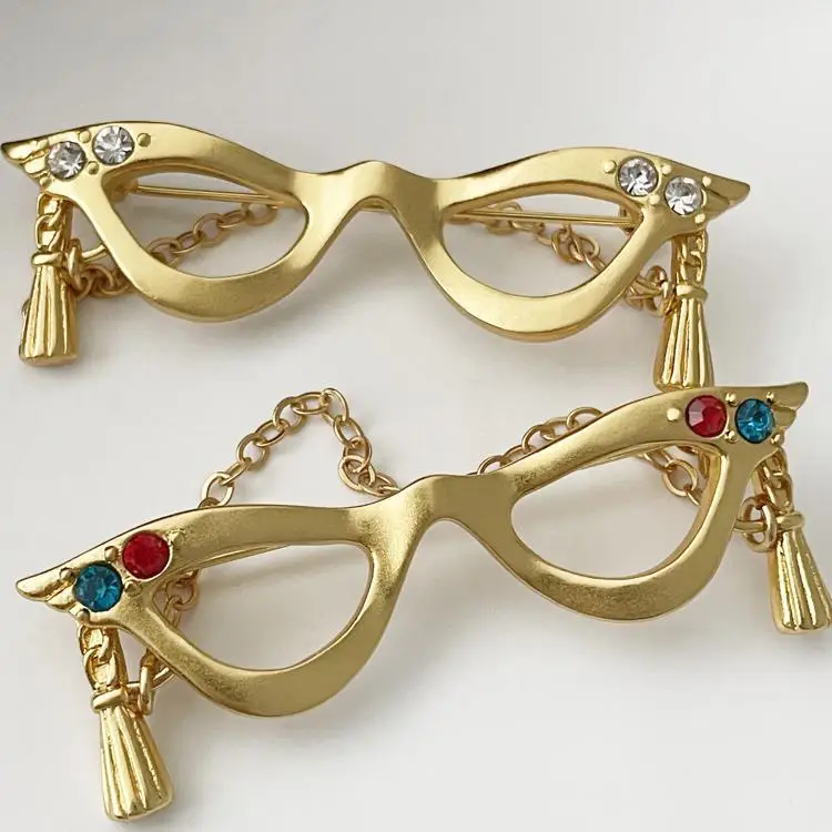European and American vintage glasses chain, red blue zircon brooch