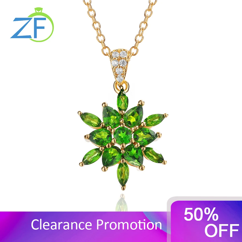 

GZ ZONGFA Genuine 925 Sterling Silver Pendant for Women 14k Gold Plated Flower Natural Chrome Diopside Necklace Fine Jewelry
