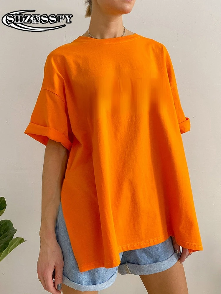 

Solid Women's T-shirt Fashion 100 % Cotton Loose Summer Blouses Woman 2023 Oversized O Neck Casual Cotton Tees Clothes for Women