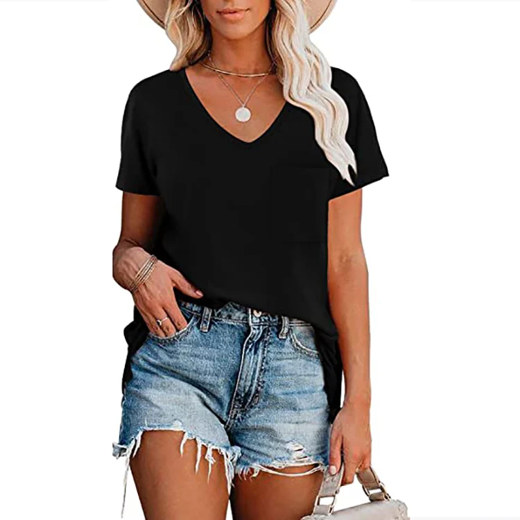 

Женская Однотонная футболка с коротким рукавом, V-образным вырезом и карманами