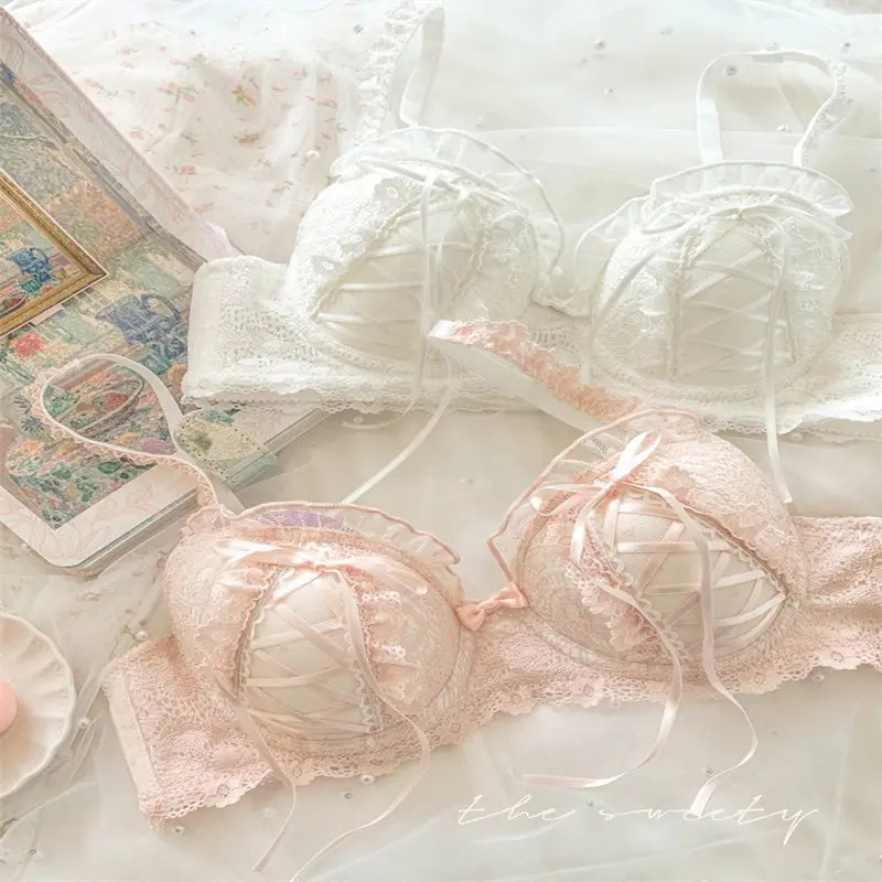 White Japanese sweet girl French court Lolita lace gathered bra gather thickened no steel ring underwear set cute bra set kawaii