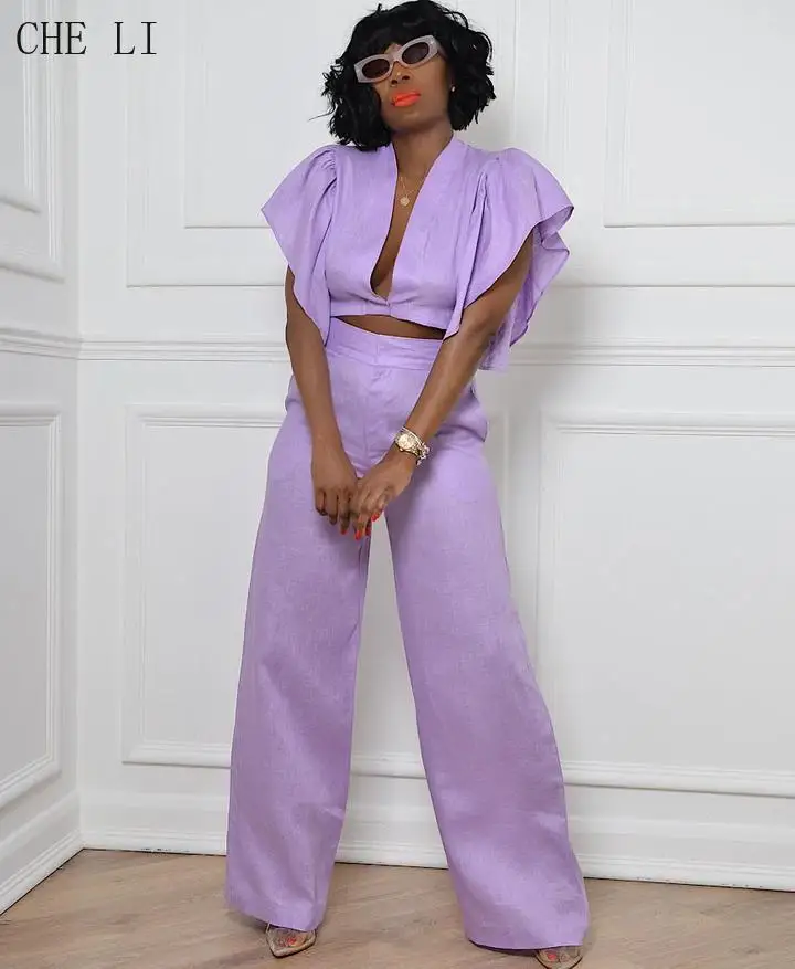 

Street Fashion Linen Comfortable Breathable Trousers Suit Female V-Neck Ruffle Sleeves Shirts Short Tops Straight Wide Leg Pants