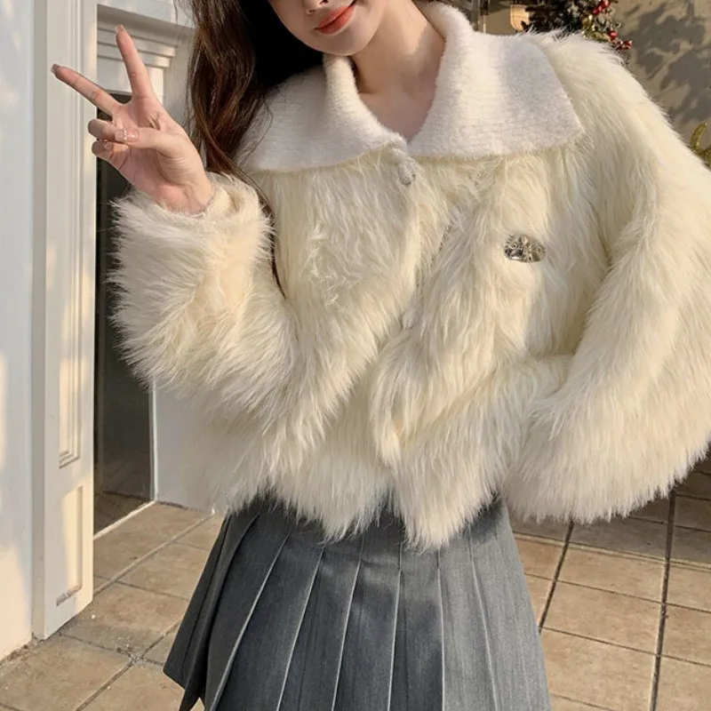 Imitation Mink Fleece Premium Style Knitted Sweater Coat Women's 2023 New Thickened Loose Short Jacket POLO Neck Cardigan Top