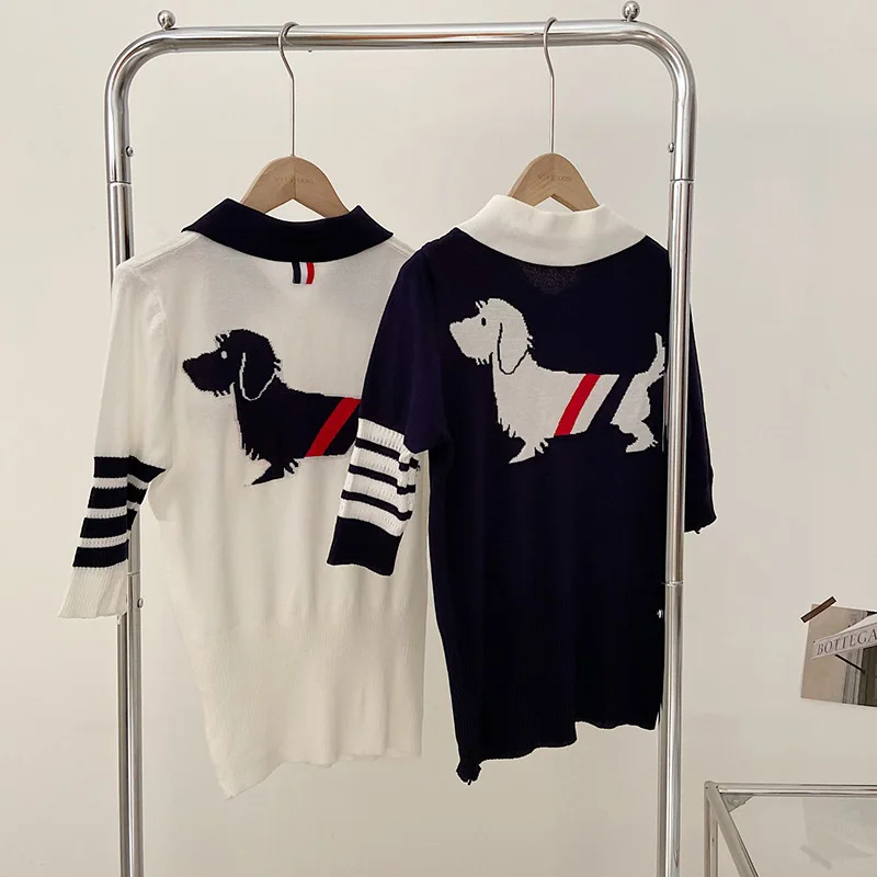 

High Quality Korean Style TB Short-sleeved Polo Shirt Knitwear Puppy T-shirt Woolen Women's Lapel OL Trend