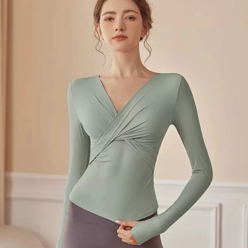 F.DYRAA Women V Neck Shirts Long Sleeve Tight Chest Cross Yoga Shirts Gym Fitness Running Crop Tops Female Sexy Sports Tops