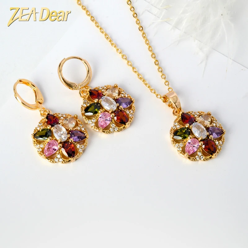 

ZEADear Jewelry 2022 New In Copper Flower Pendant Necklaces For Women Shiny Zircon Wedding Earrings Set Gifts Jewelry