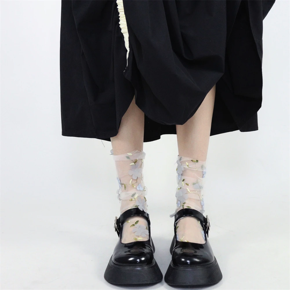 Girl Lace Bunching Socks Ultra-Thin Three-Dimensional Flower Transparent Net Socks Spring and Summer Socks