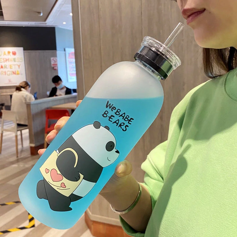 

1000ml Cute Panda Bear Straw Cup Water Bottle Transparent Straight Drink Cartoon Water Bottle Frosted Leak Proof Large Capacity