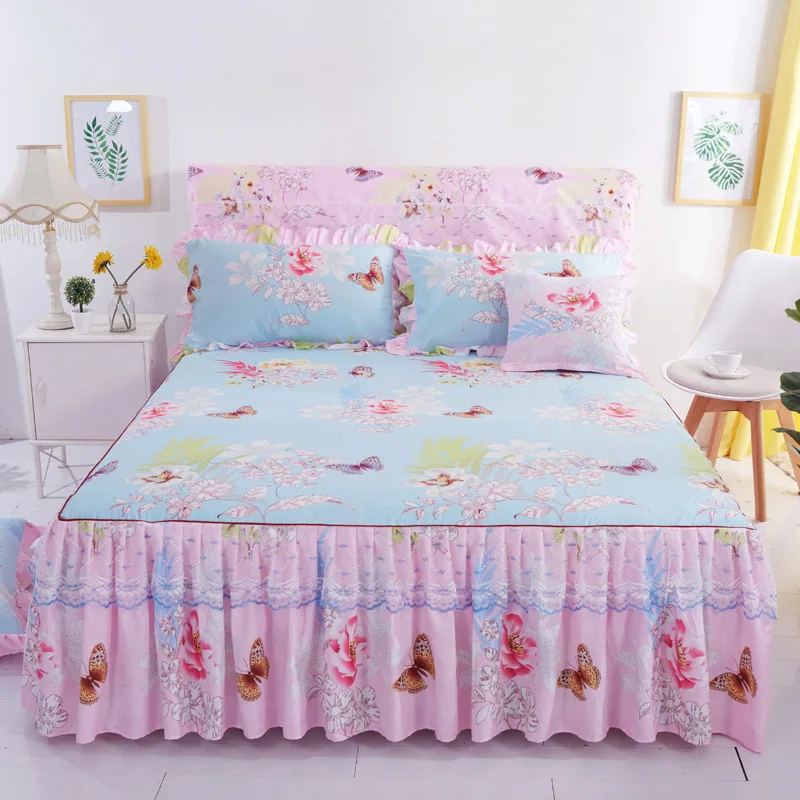 

Two-Layer Cover Bedroom Non-Slip Mattress Cover Skirt Bedspreads Bed Floral Home Bed Skirts Sanding Elegant Lace Decorated
