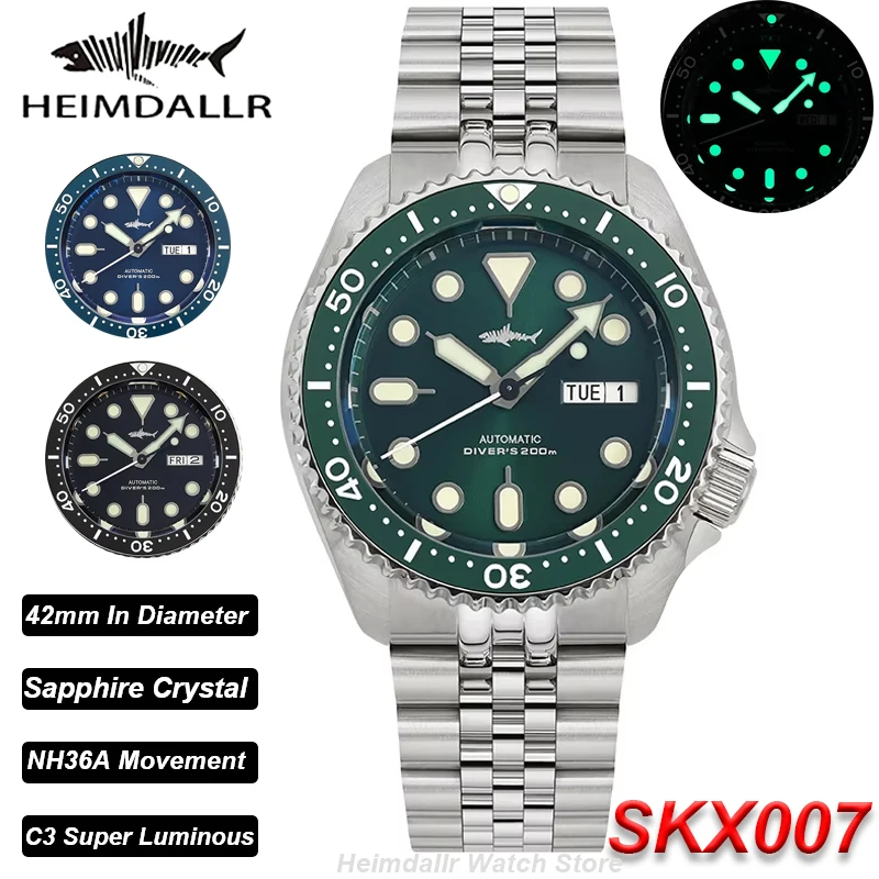 Фото HEIMDALLR SKX007 Мужские часы NH36 Автоматические механические часы из стали 316L с сапфировым стеклом C3 Супер светящиеся 200 м Водонепроницаемые наручные часы для дайвинга №1