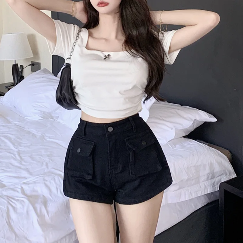 Double Pockets Skinny Shorts Solid Color Casual Shorts Women Summer 2023 New Fashion Lady Elastic Waist Beach Black Short Pants