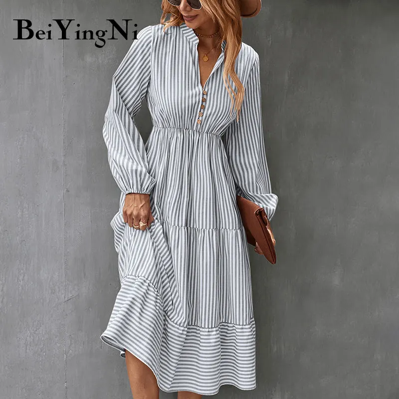 

Beiyingni 2022 Autumn Winter Womens Dresses Button Up Printing Striped Long Sleeve Midi Female Dress Elegant Basic Gray Vestidos