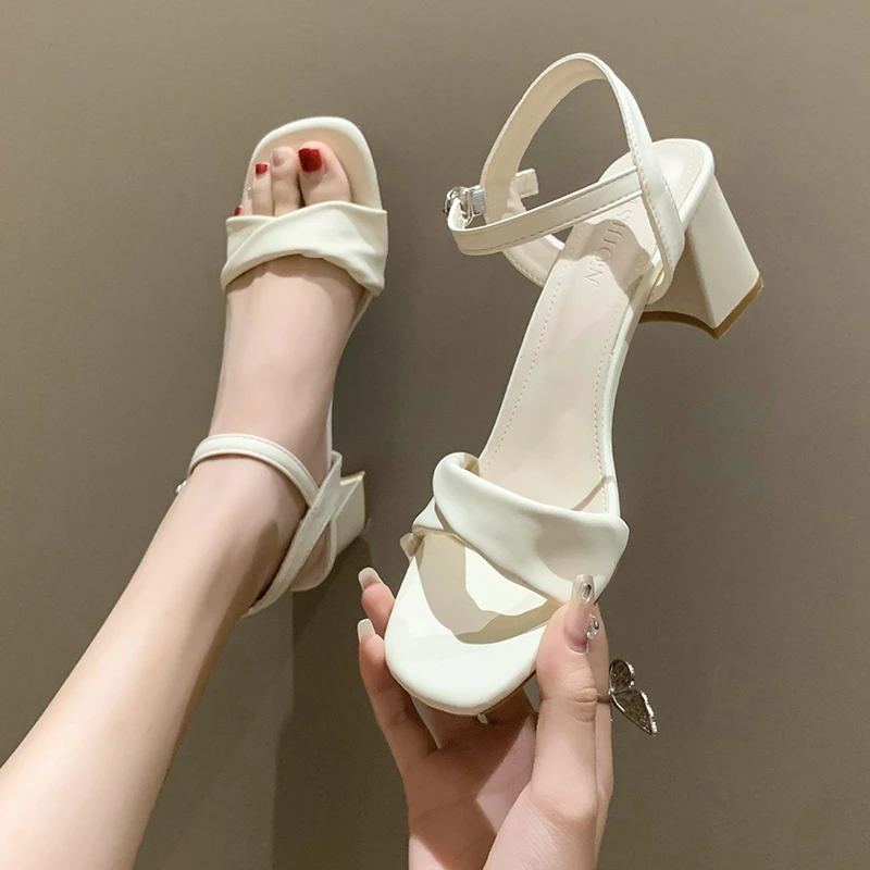 

Shoes Female 2023 High Quality Buckle Women's High Heels Summer Classics High Heels Solid Square Toe Shoes Ladies Zapatos Mujer