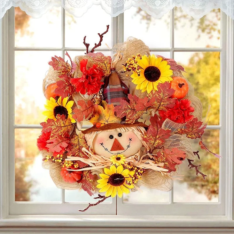 

Burlap Front Door Wreath Set With Artificial Maple Leaf Pumpkin Flower Pine Cone Autumn Harvest Thanksgivings