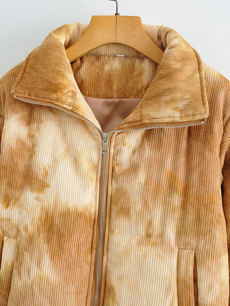 Retro Style Tie-Dye Lapel Long-Sleeved Thick Padded Jacket 2022 Autumn and Winter New Women's Cotton Padded Clothes