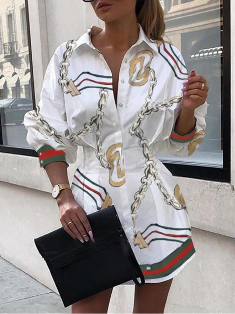 

Chain Print Button Turndown Collar Long Sleeve Dresses Office Lady Vintage Bodycon Mini Dress Women Spring Summer Streetwear