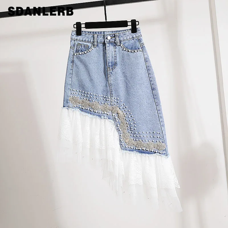 

Beading Mesh Stitching Fairy A-line High Waist Skirt 2022 Summer New Women's Midi Denim Skirt Asymmetrical Faldas Mujer