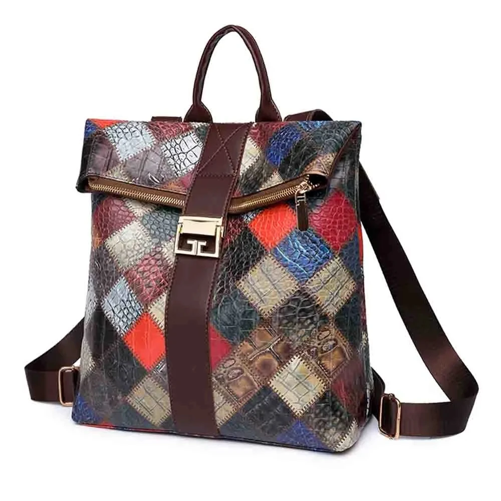

2023 New Retro Boho Style Patchwork Backpack for Women Vintage Luxury PU Large Capacity School Bookbag Ladies Casual Back Pack