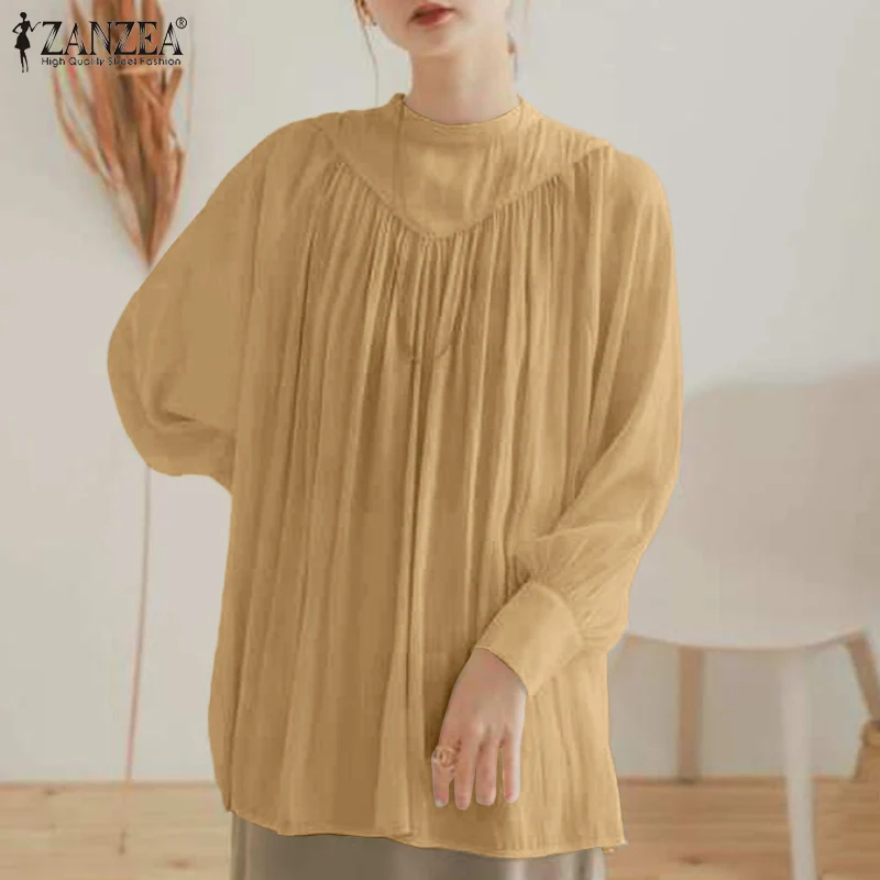 

Women Elgant Long Sleeve O Neck Pleated Shirt ZANZEA Casual Korean OL Blouse Spring Solid Button Tunic Tops Office Work Chemise