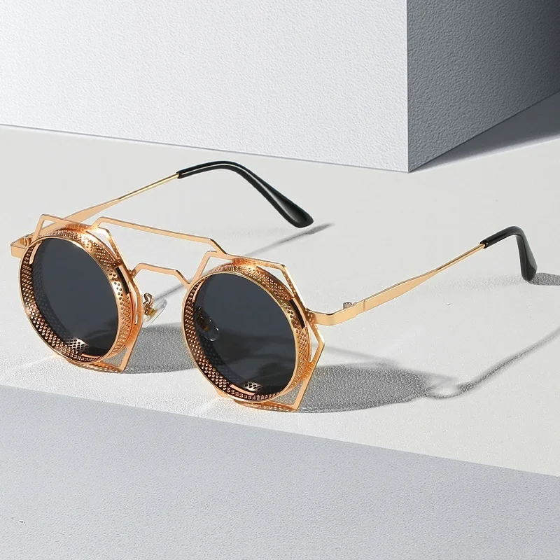 

Новые европейские и американские индивидуальные шестигранные маленькие круглые очки Солнцезащитные очки Модные металлические трендовые ...