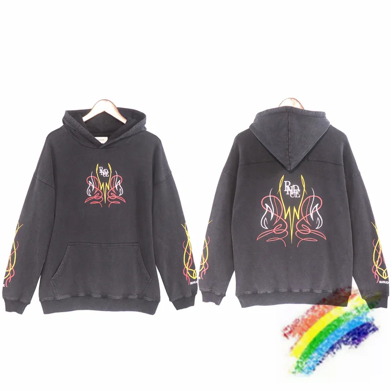 

Vintage Rhude Hoodie Men Women Washed Oversized Butterfly Print Sweatshirts Pullover