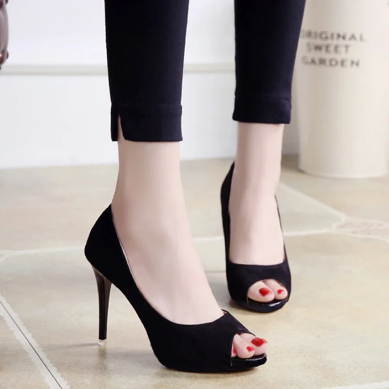 Fashion OL Summer Pumps For Women Office Shoes Solid Peep-toe 10cm High Heels Womans Party Shoes Flock Black Female Heeled Shoes