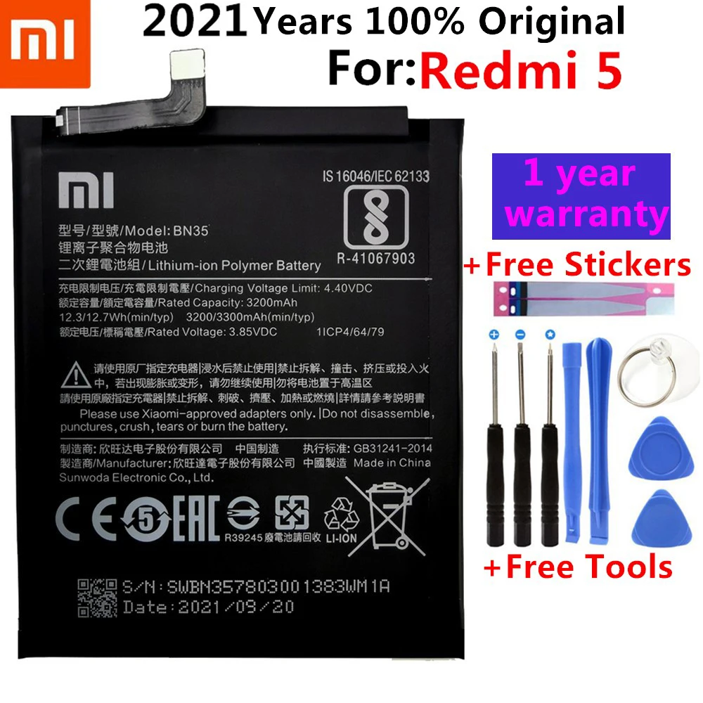 

Оригинальный аккумулятор Xiao Mi BN35 для Xiaomi Redmi 5 5,7 ", сменный аккумулятор 3200 мАч, батареи для телефона большой емкости + Инструменты