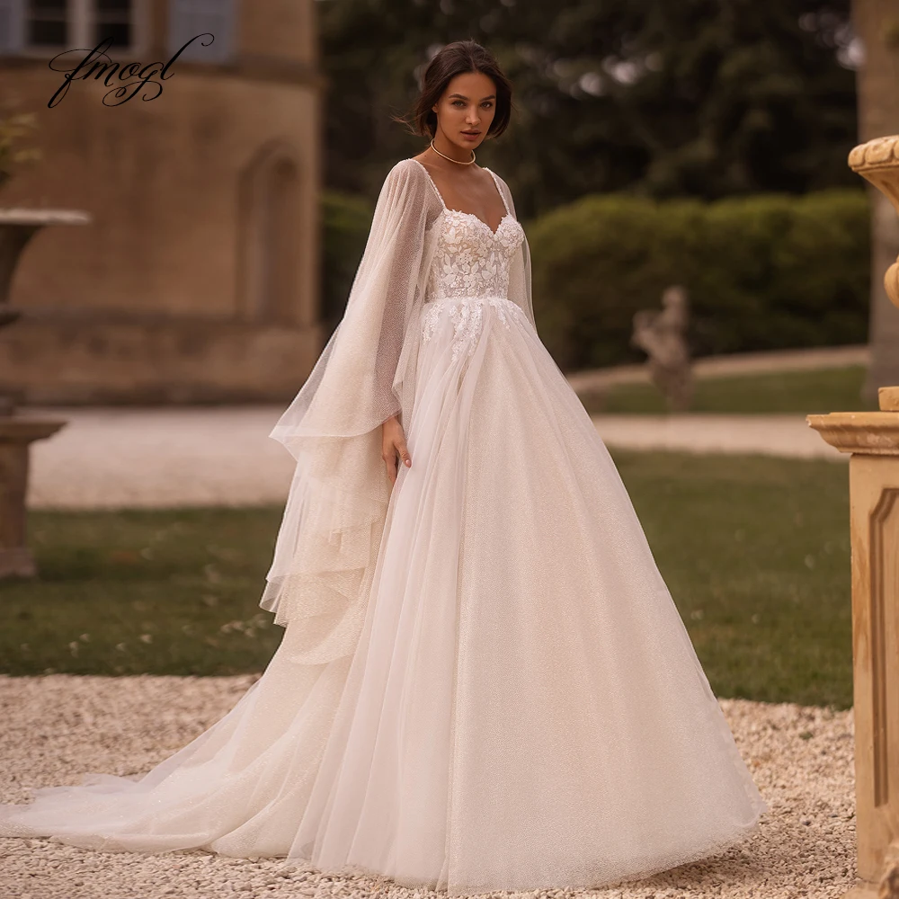 

Женское ТРАПЕЦИЕВИДНОЕ свадебное платье Fmogl, блестящее платье на тонких бретельках, с кружевной аппликацией, свадебное платье